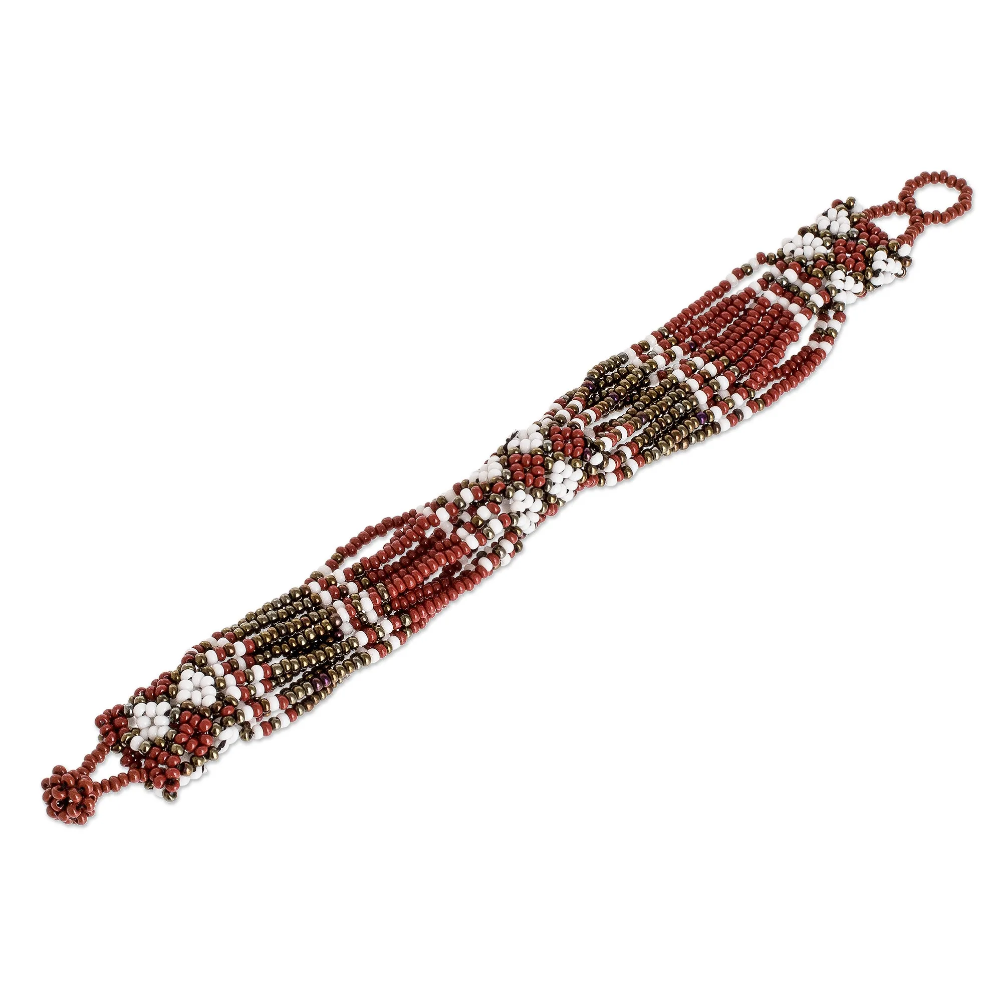 Hand Beaded Wristband Bracelet - Flower Harmony in Brick | NOVICA