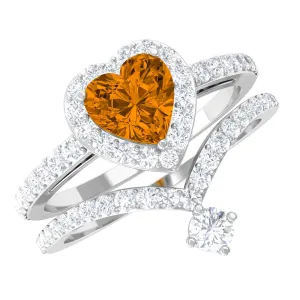 Heart Shape Natural Citrine Ring Set with Moissanite