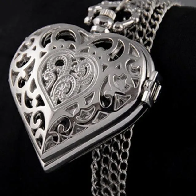 Heart-Shaped Necklace Pendant Chain Pocket Watch for Women