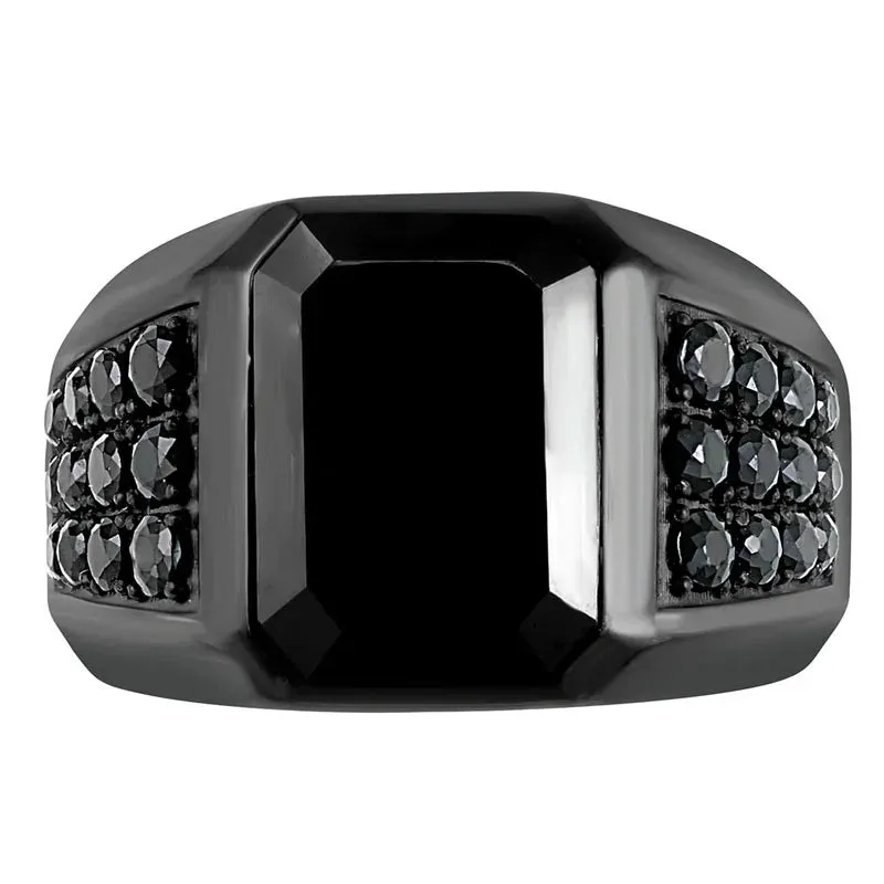 Hot Sale High Quality Geometric Black Rhinestone Crystal Zirconium Male Alloy Ring for Men Party Jewelry Accessories