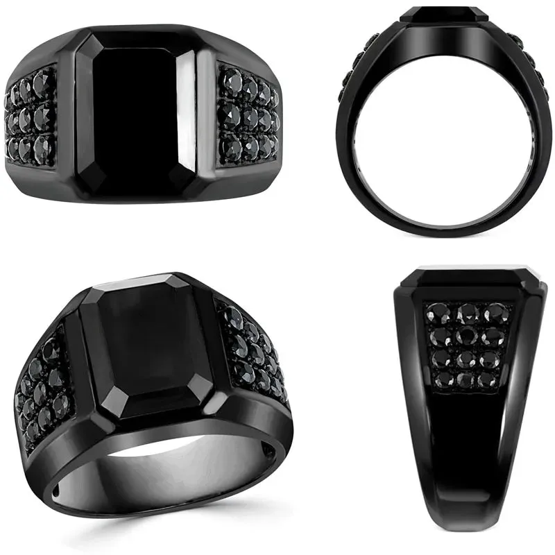 Hot Sale High Quality Geometric Black Rhinestone Crystal Zirconium Male Alloy Ring for Men Party Jewelry Accessories