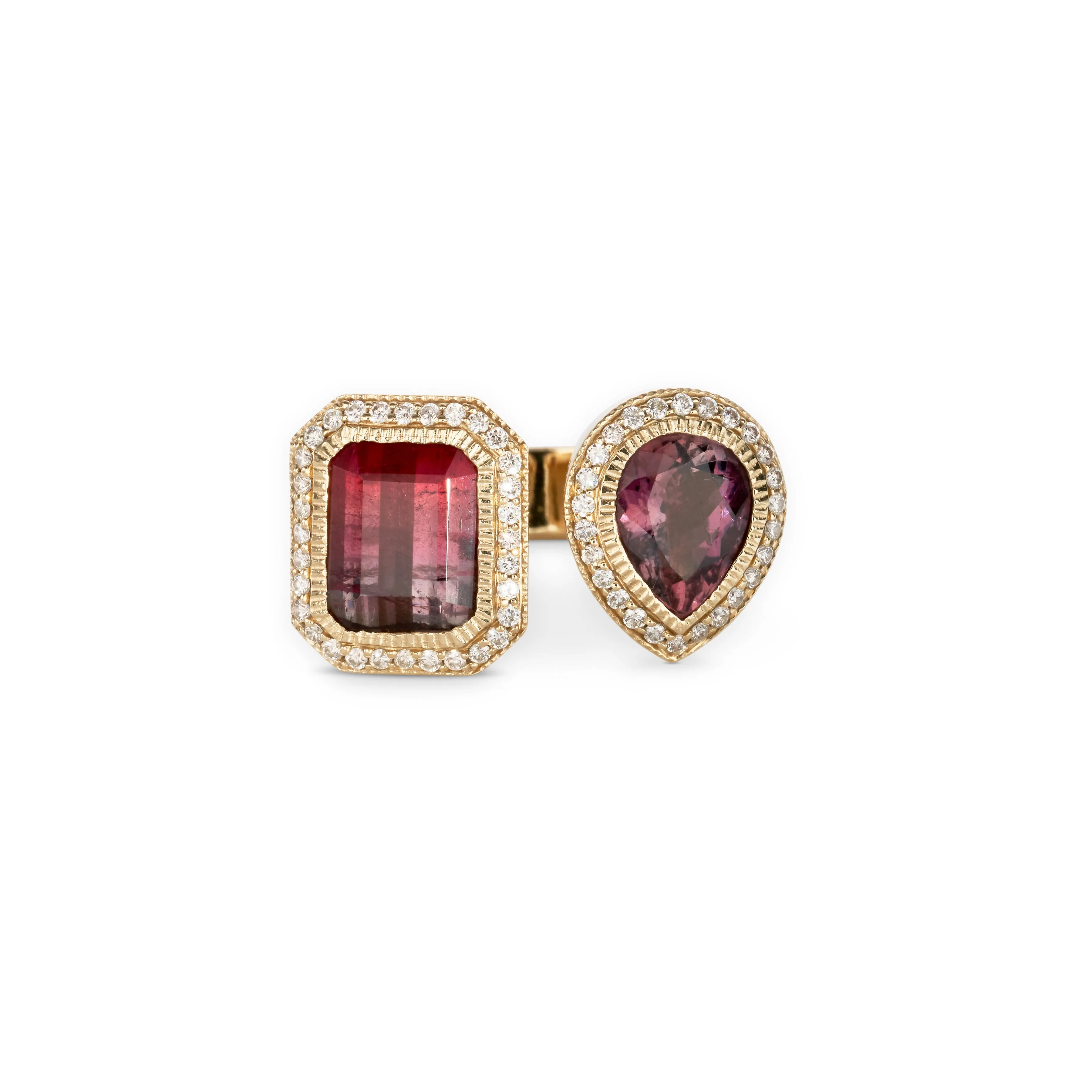 LARGE PAVE TEARDROP   BAGUETTE PINK TOURMALINE OPEN RING