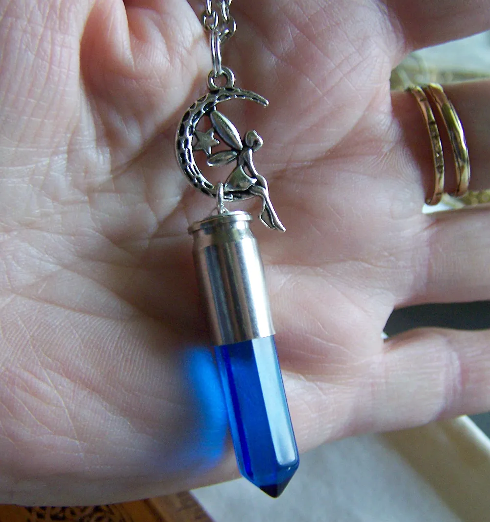 London Blue Glass Bullet with Moon Fairy Jewelry Pendant