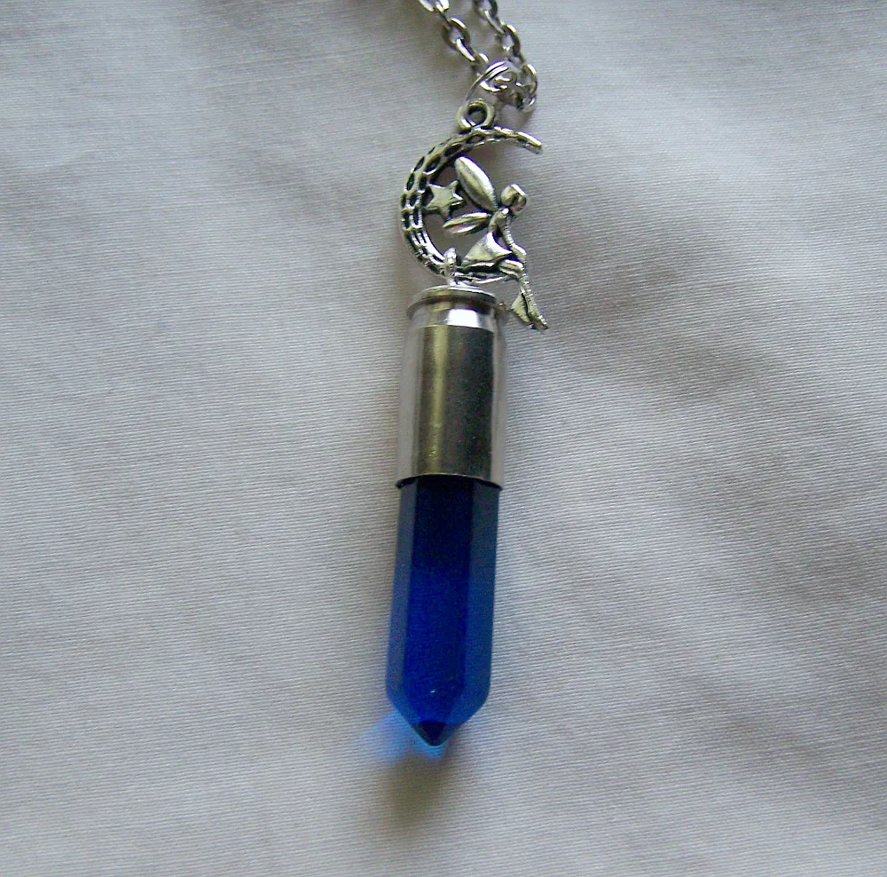 London Blue Glass Bullet with Moon Fairy Jewelry Pendant