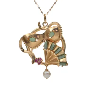 Mardi Gras Masquerade Mask and Fan with Rubies and Jade 14K Gold Pendant C.1960