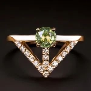 MINT GREEN SAPPHIRE NATURAL DIAMOND V RING ROSE GOLD COCKTAIL TRIANGLE GEOMETRIC