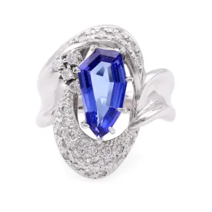 Modern 2.31 Carat Coffin Step Cut Tanzanite Diamond Platinum Cocktail Ring