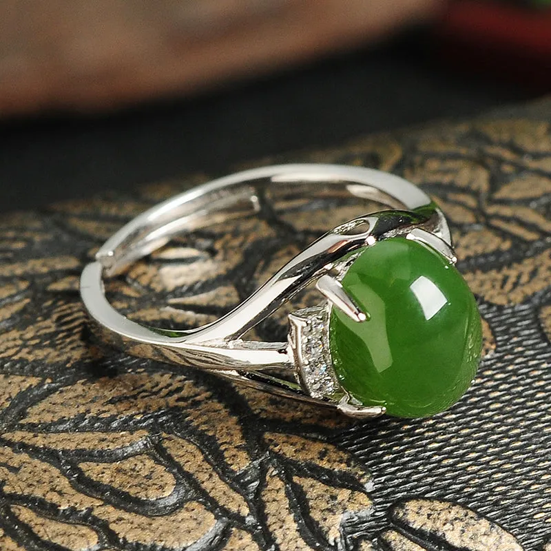 Natural Jade Ring Nephrite Silver Adjustable Ring WR10