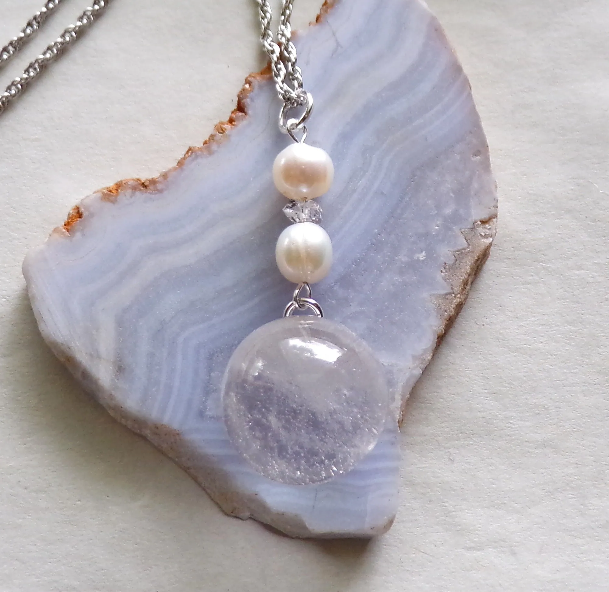 Natural Quartz Crystal Ball Freshwater Pearl Pendant Necklace