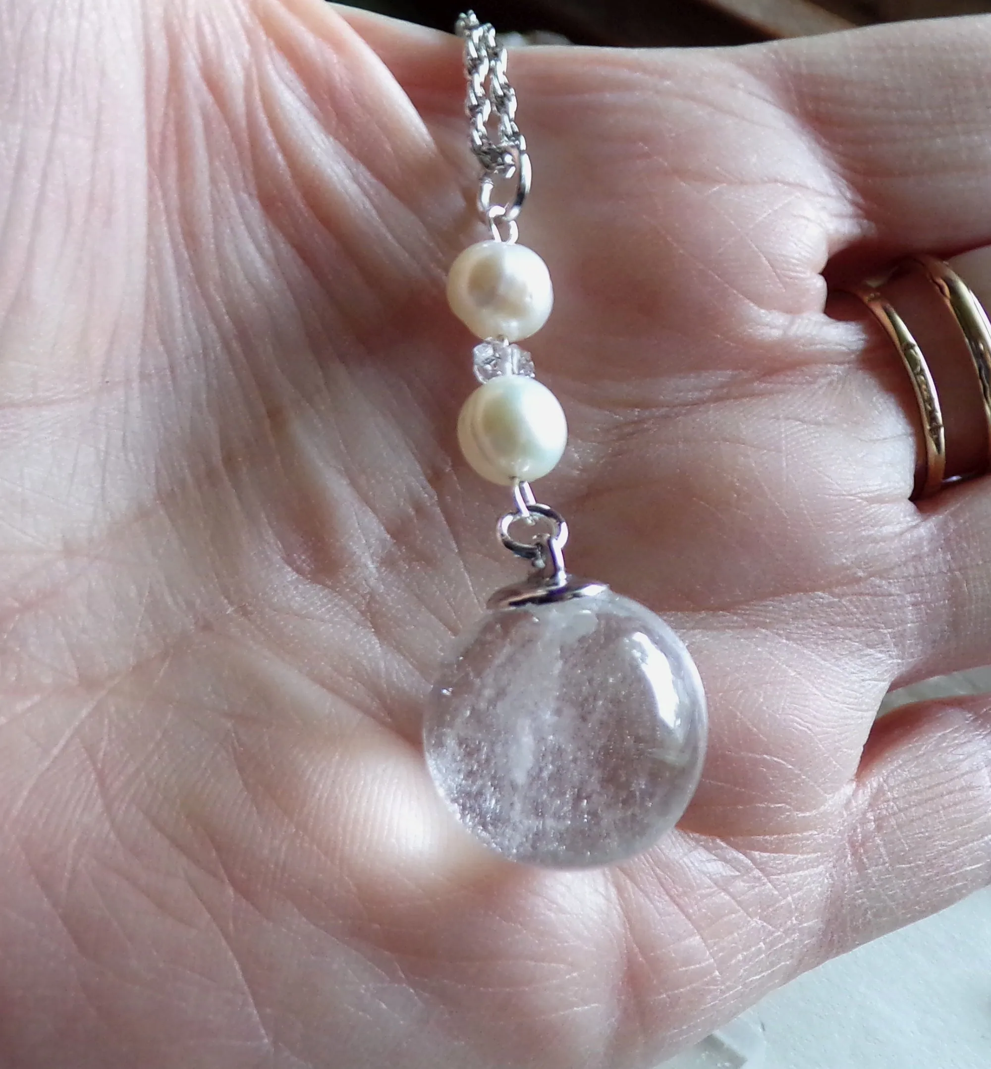 Natural Quartz Crystal Ball Freshwater Pearl Pendant Necklace