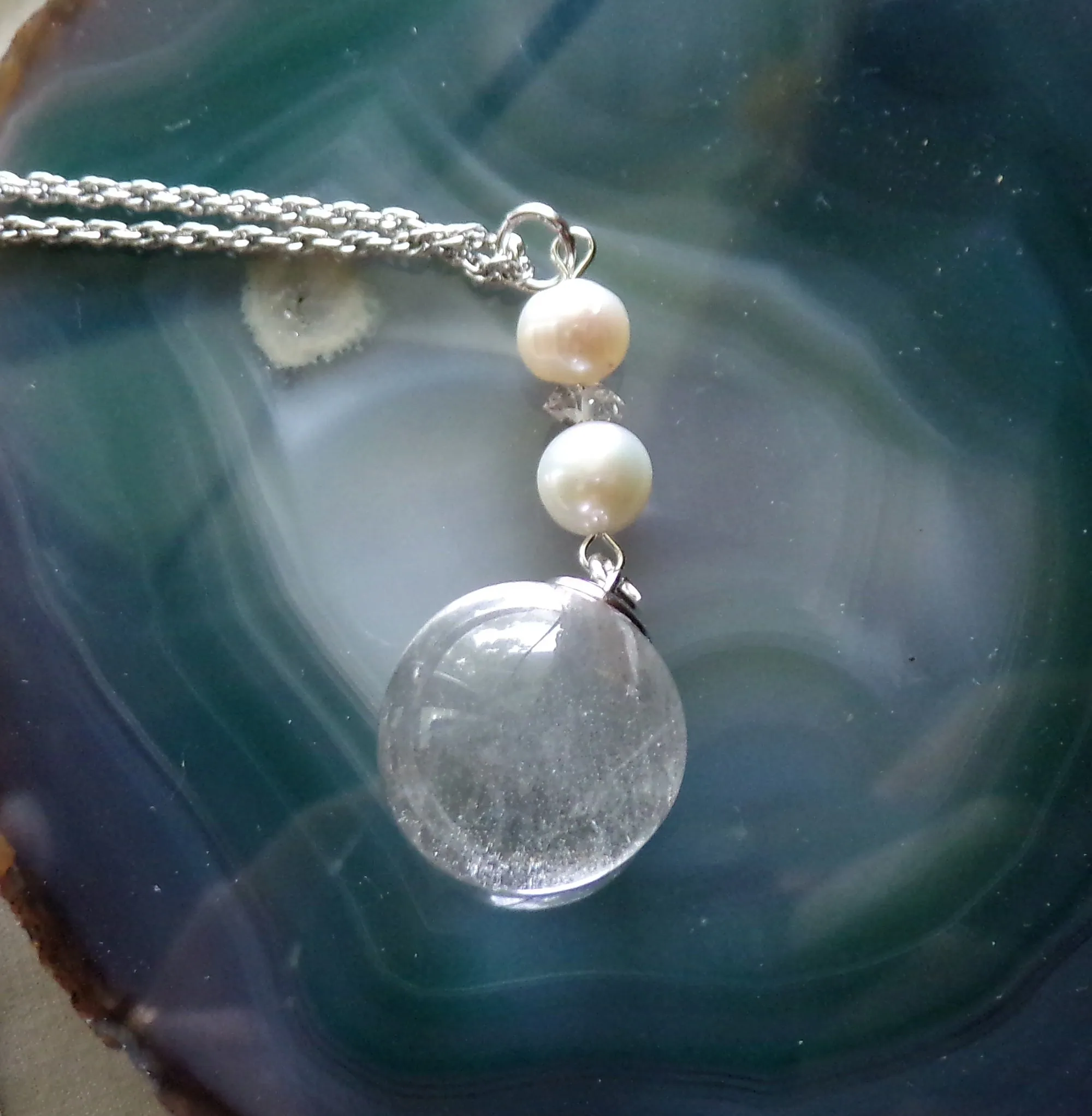 Natural Quartz Crystal Ball Freshwater Pearl Pendant Necklace