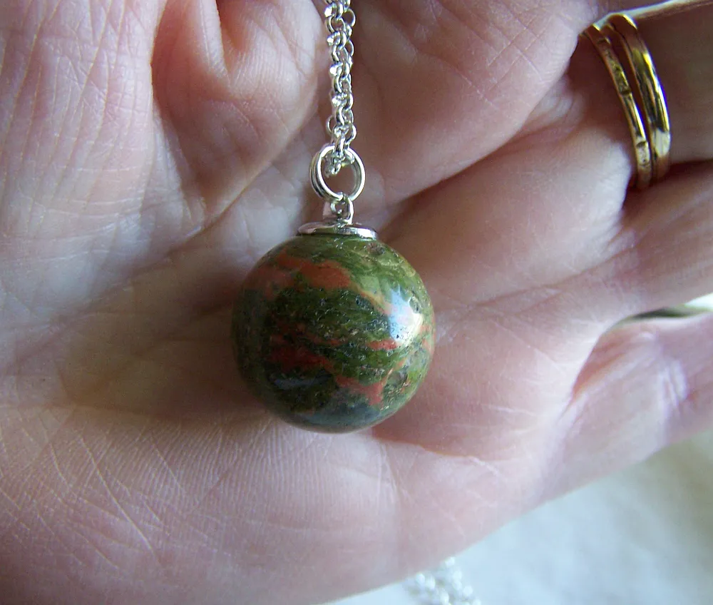 Natural Unakite Pink and Green Gemstone Crystal Ball Pendant