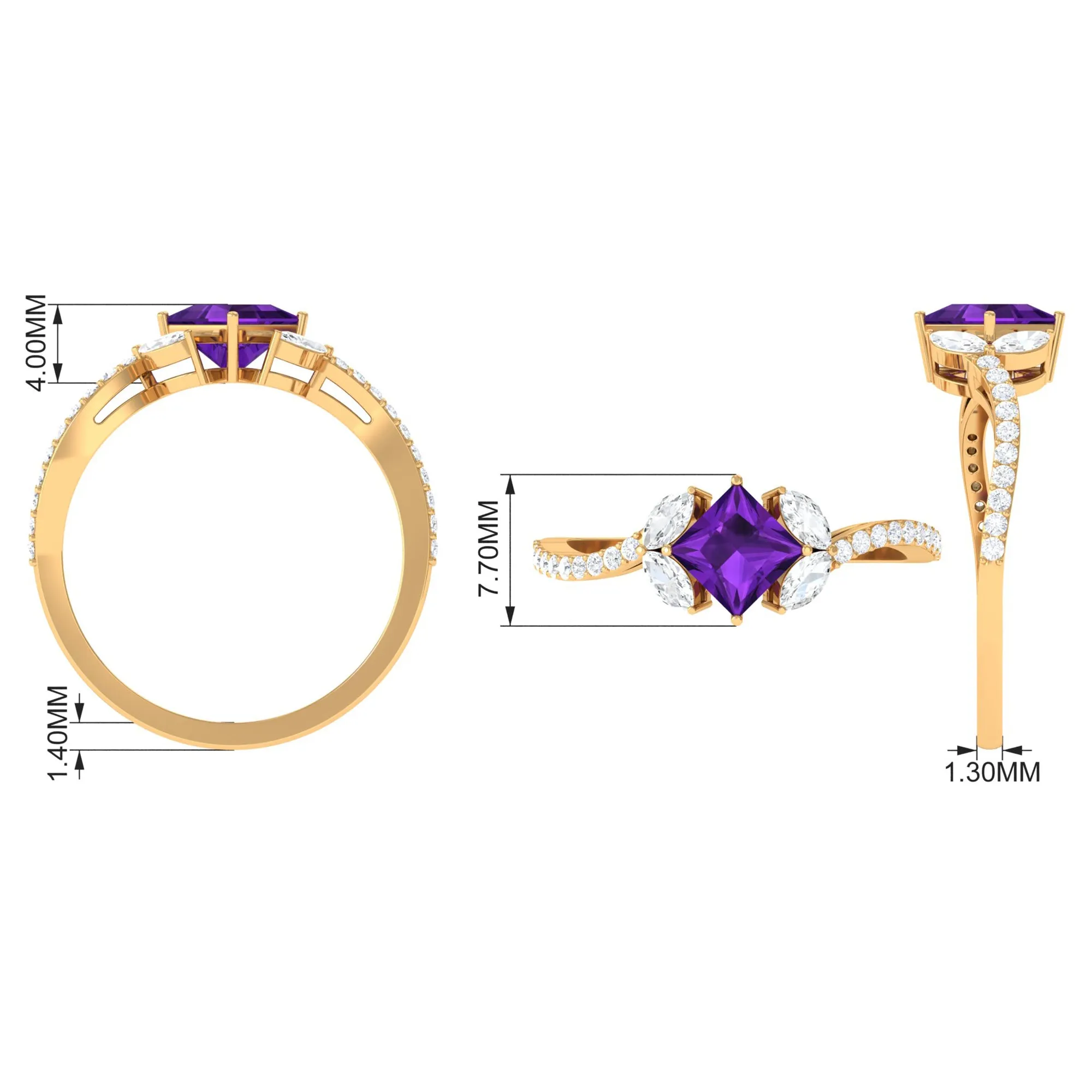 Nature Inspired Princess Cut Amethyst and Diamond Engagement Ring