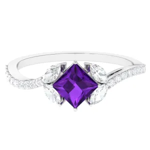 Nature Inspired Princess Cut Amethyst and Diamond Engagement Ring