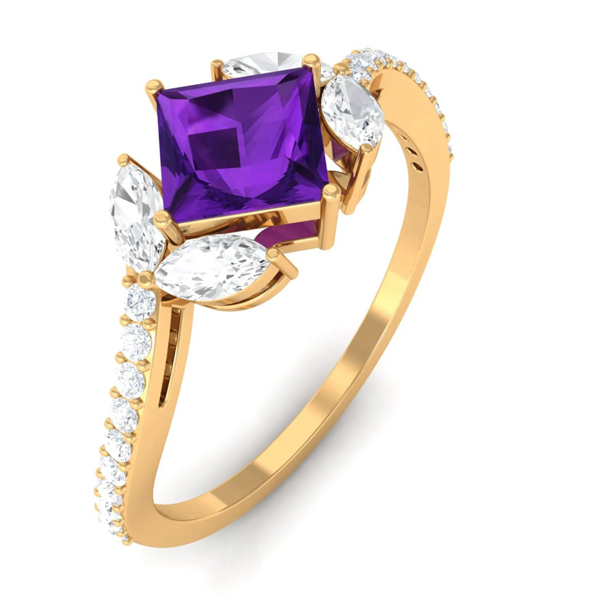 Nature Inspired Princess Cut Amethyst and Diamond Engagement Ring