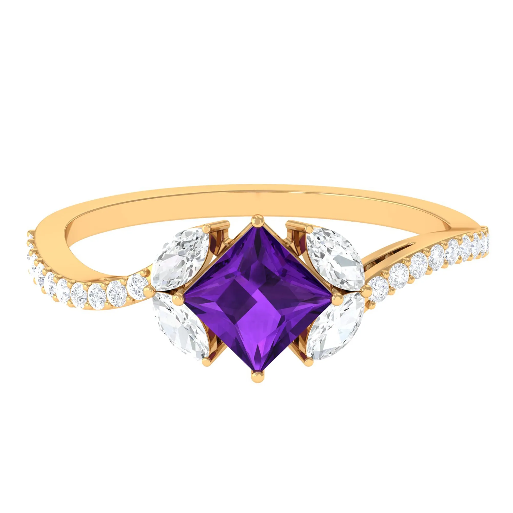 Nature Inspired Princess Cut Amethyst and Diamond Engagement Ring