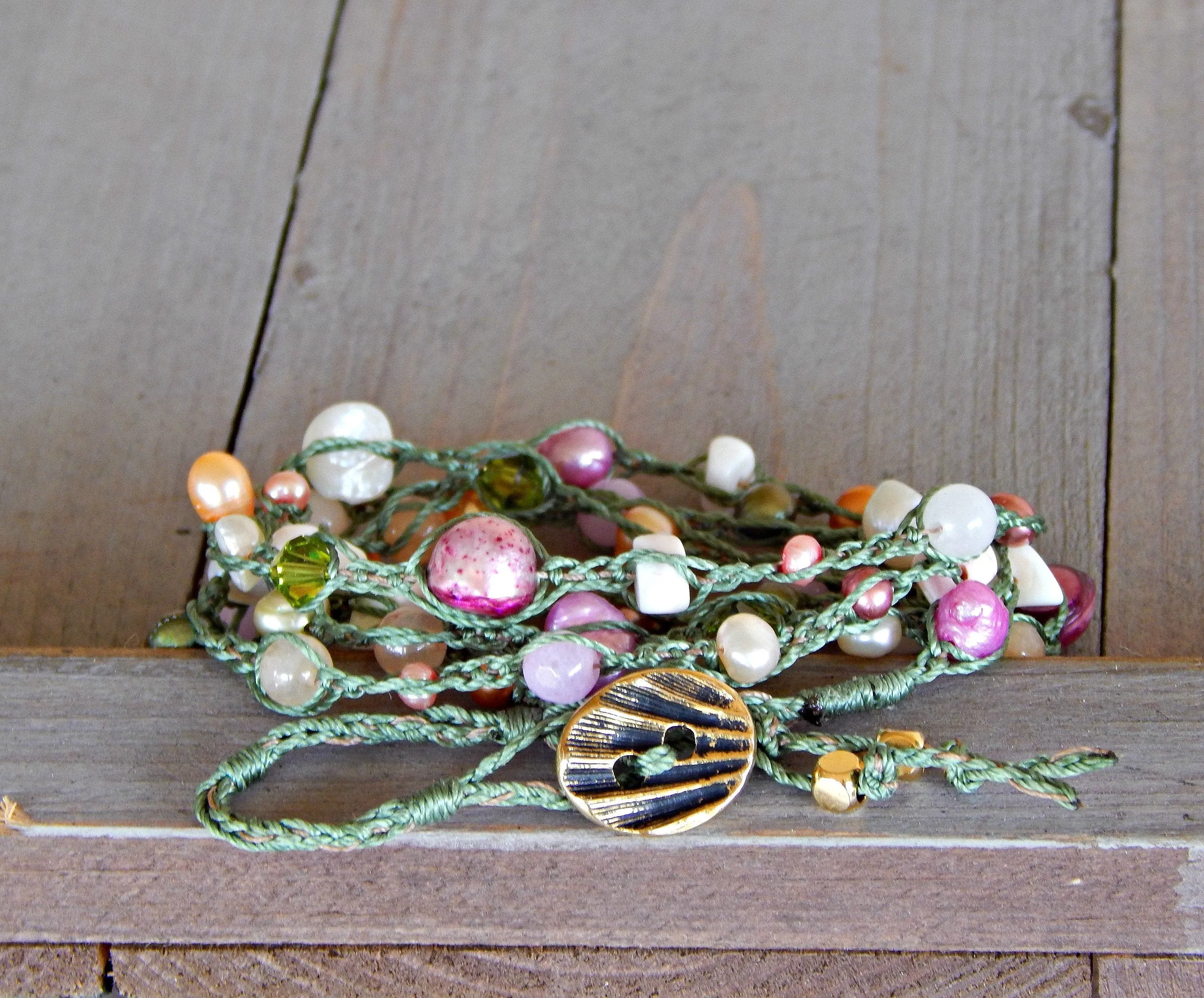 Olive, Blush, and Peach Pearl Wrap Bracelet, Anklet