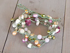 Olive, Blush, and Peach Pearl Wrap Bracelet, Anklet