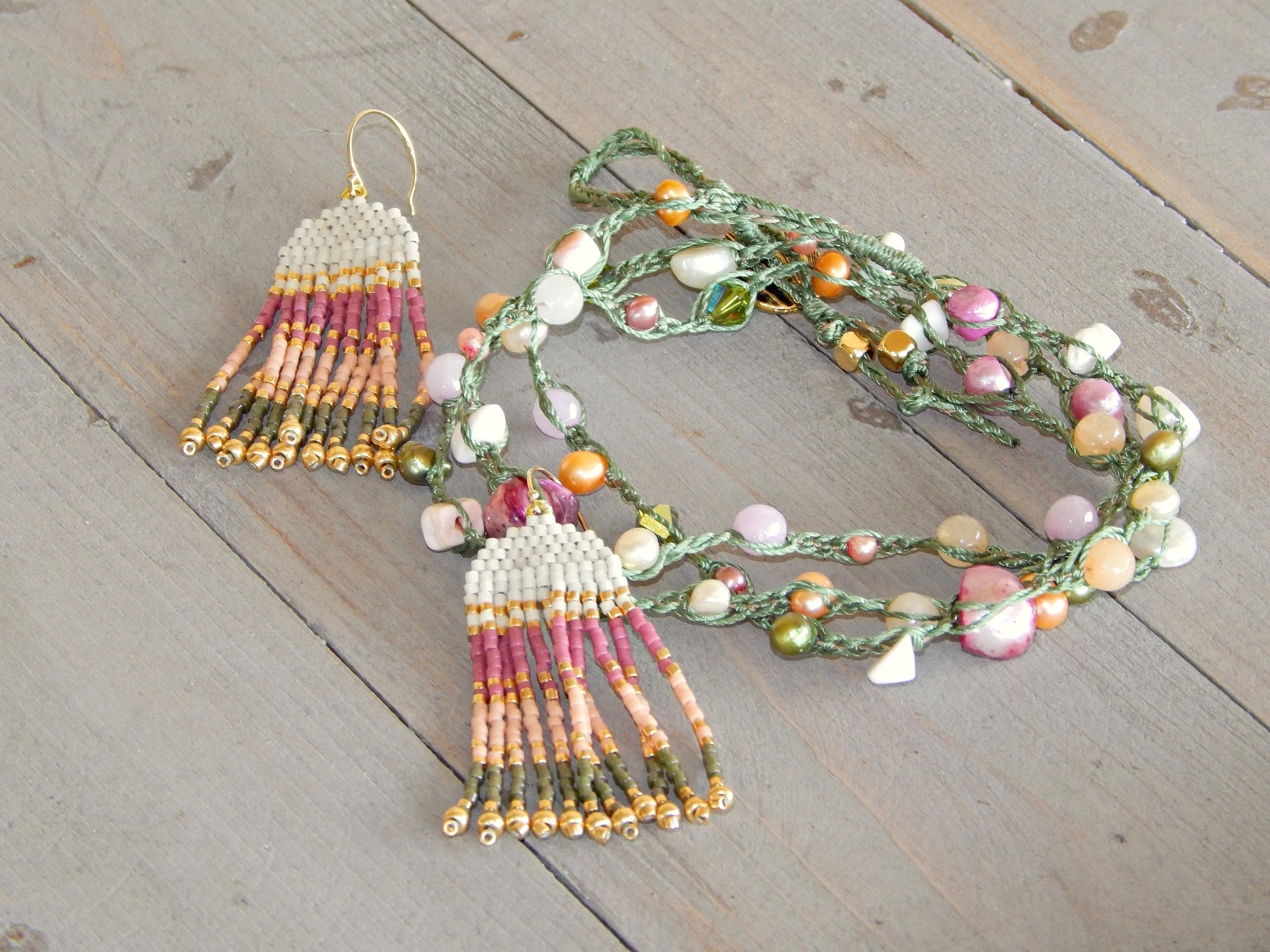 Olive, Blush, and Peach Pearl Wrap Bracelet, Anklet