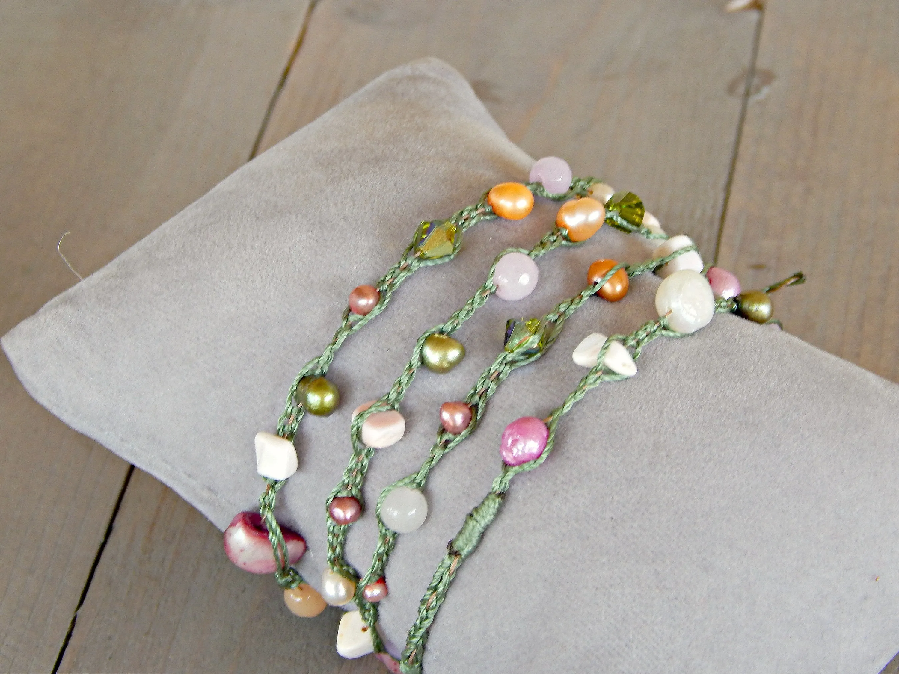 Olive, Blush, and Peach Pearl Wrap Bracelet, Anklet