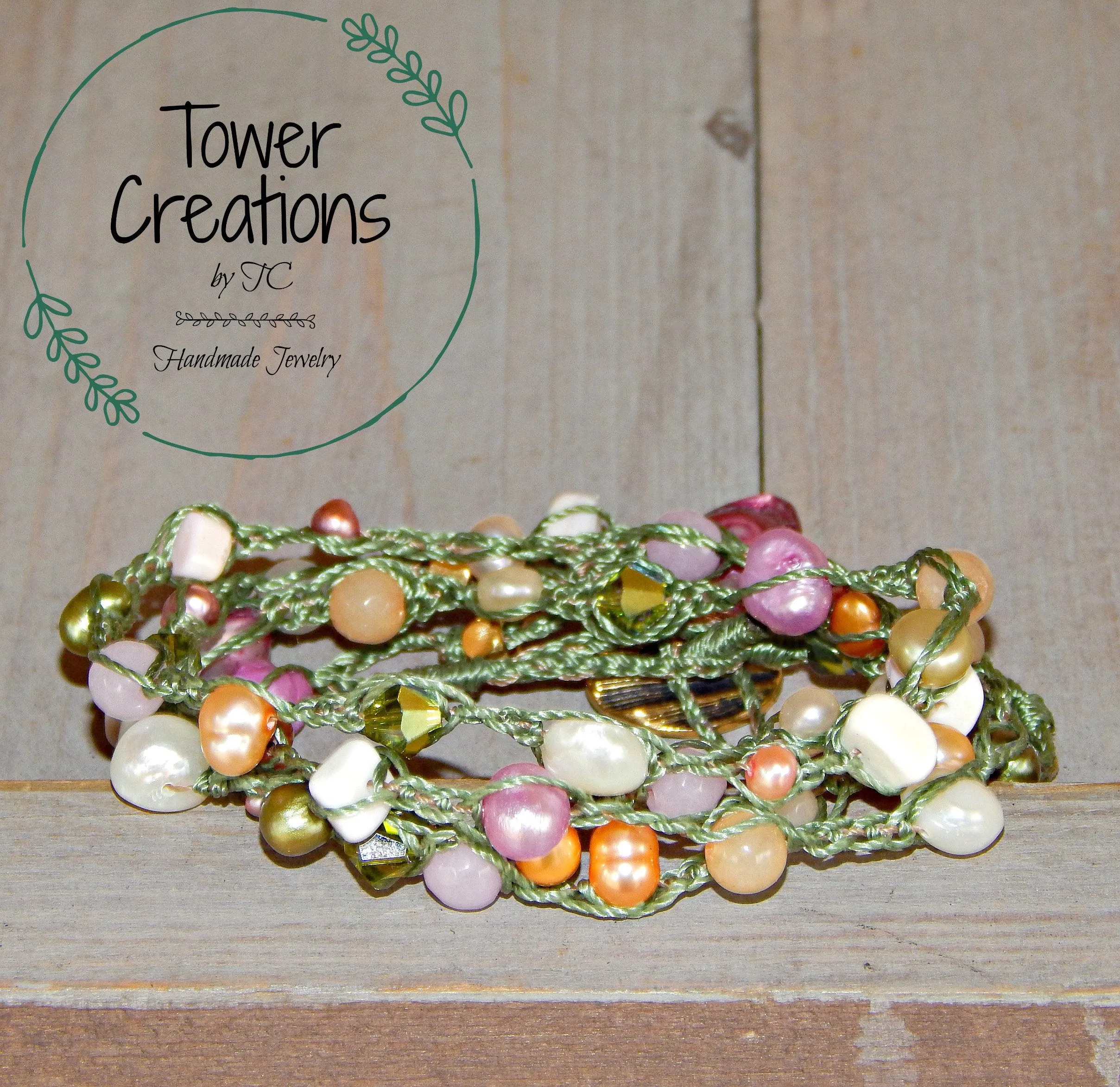 Olive, Blush, and Peach Pearl Wrap Bracelet, Anklet