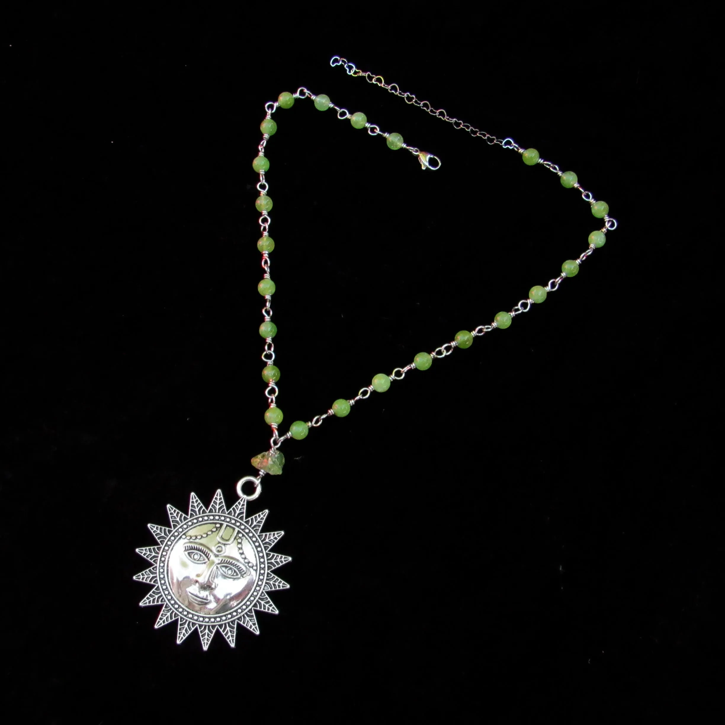 Peridot gemstone beaded necklace with Sun pendant