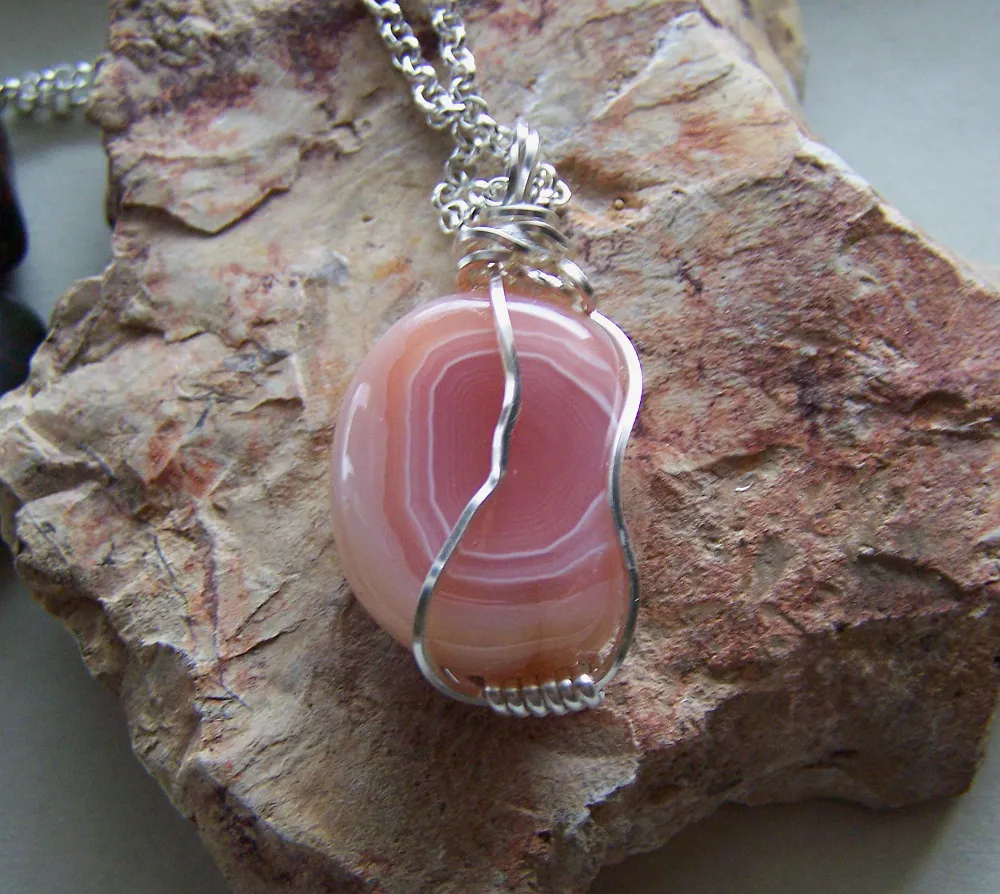 Pink Botswana Agate Polished Gemstone Wire Wrapped Pendant