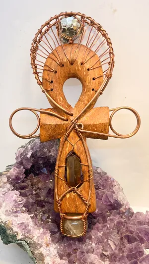 Pyrite, Namibian Smoky Citrine and Brazilian Citrine Sphere Hand Carved Wooden Handheld Ankh