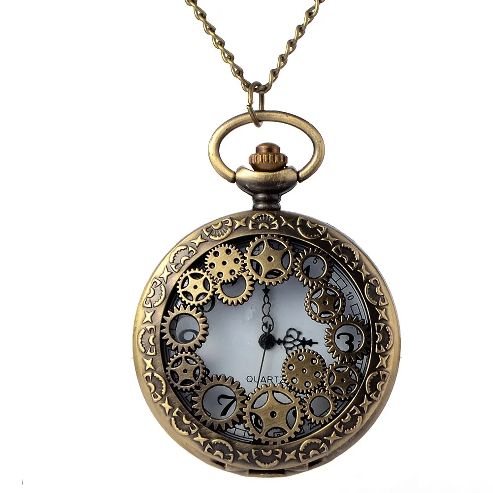 Relogio Retro Bronze Quartz Pocket Watch steampunk Clock Watches with Gear Hollow Necklace watches Mens Womens Christmas Gifts