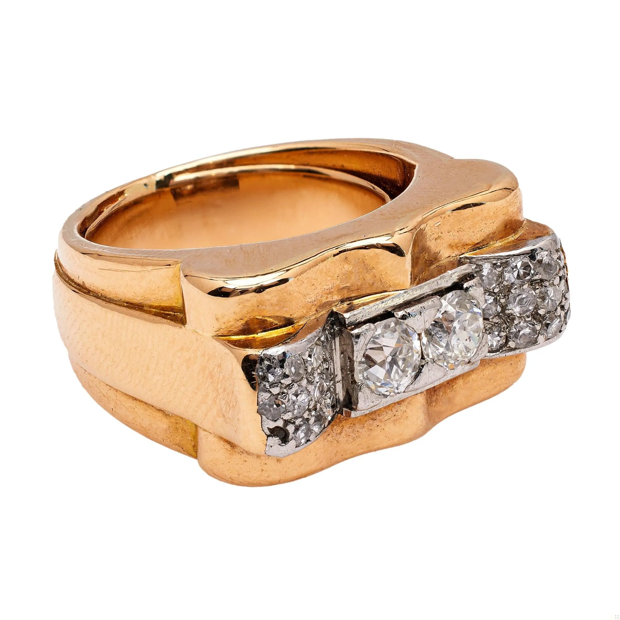 Retro French Diamond 18k Rose Gold Platinum Tank Ring