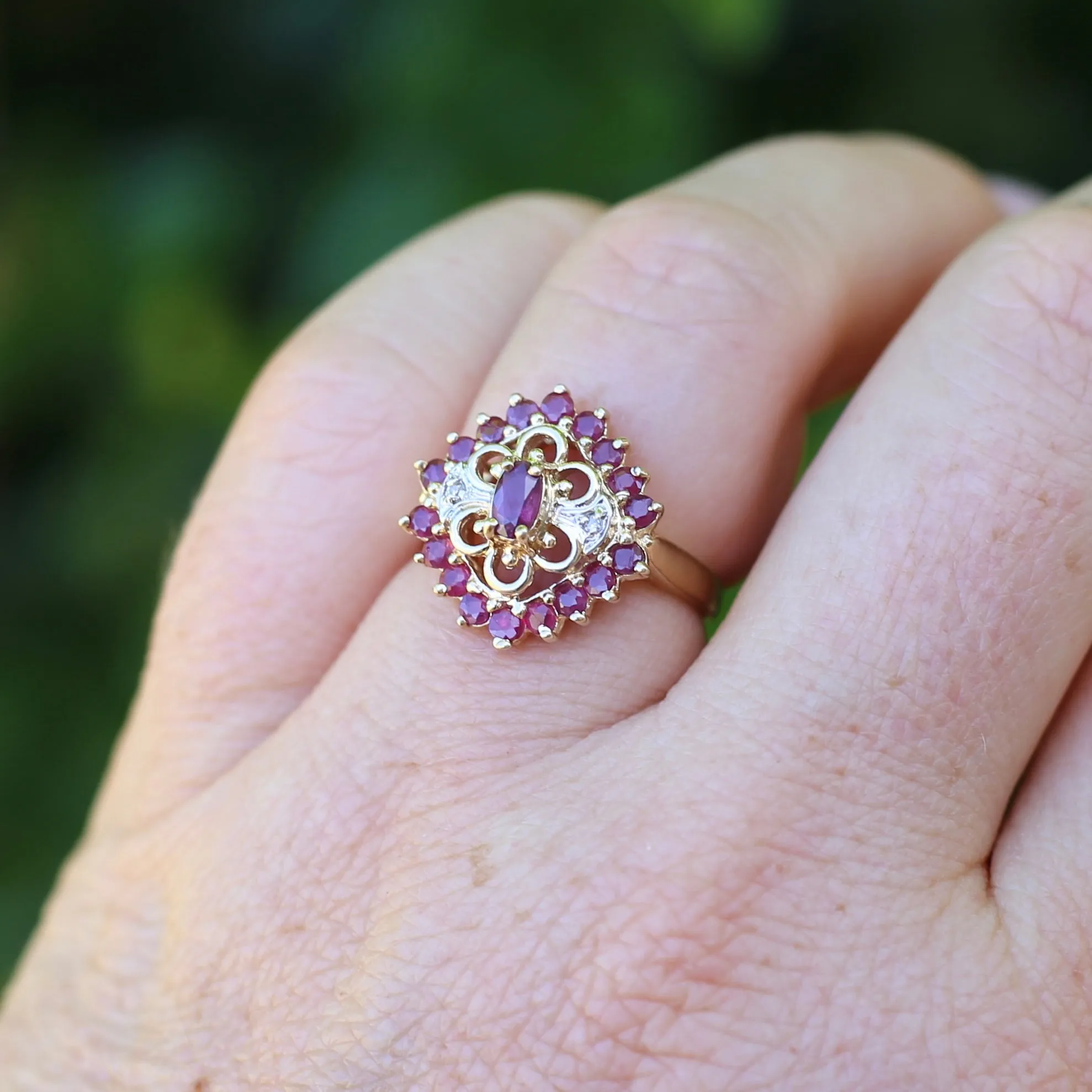 Ruby and Diamond Filigree 14ct Yellow Gold Ring, size M or just under 6.5