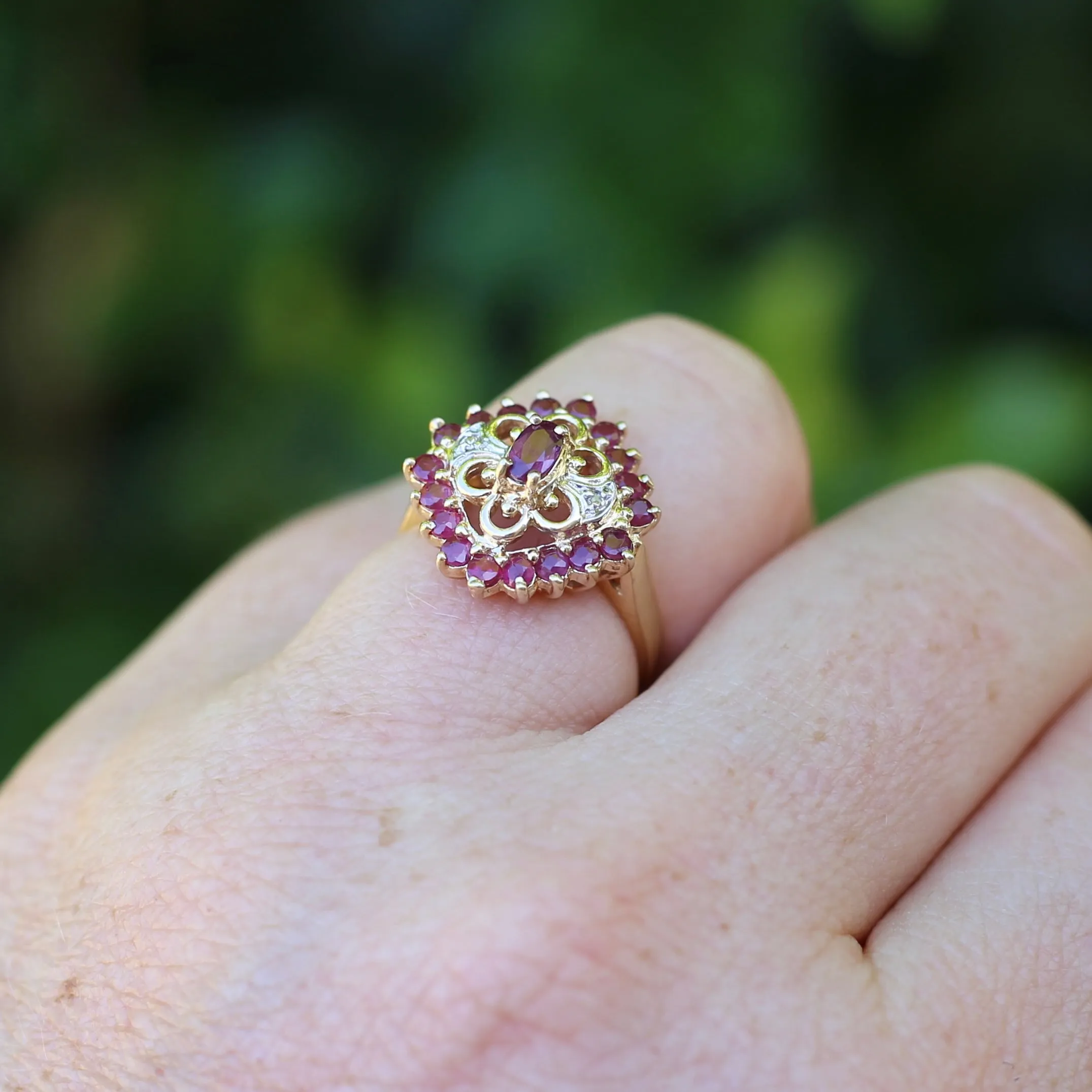 Ruby and Diamond Filigree 14ct Yellow Gold Ring, size M or just under 6.5