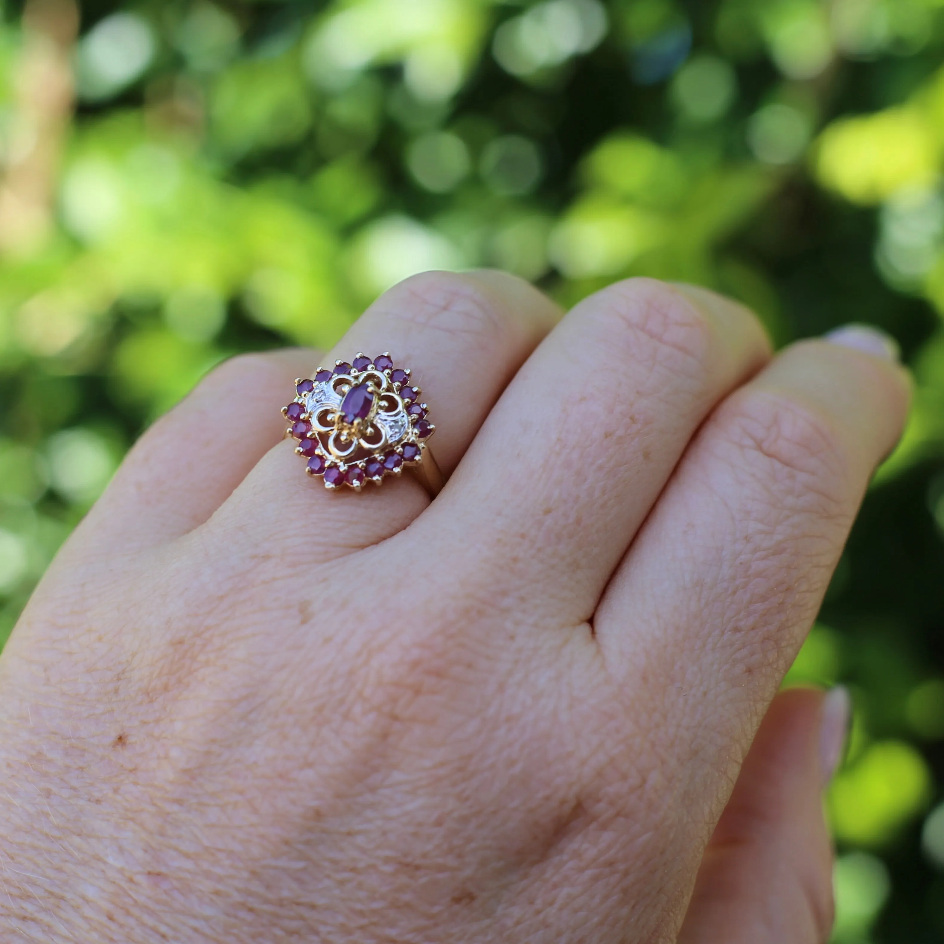 Ruby and Diamond Filigree 14ct Yellow Gold Ring, size M or just under 6.5