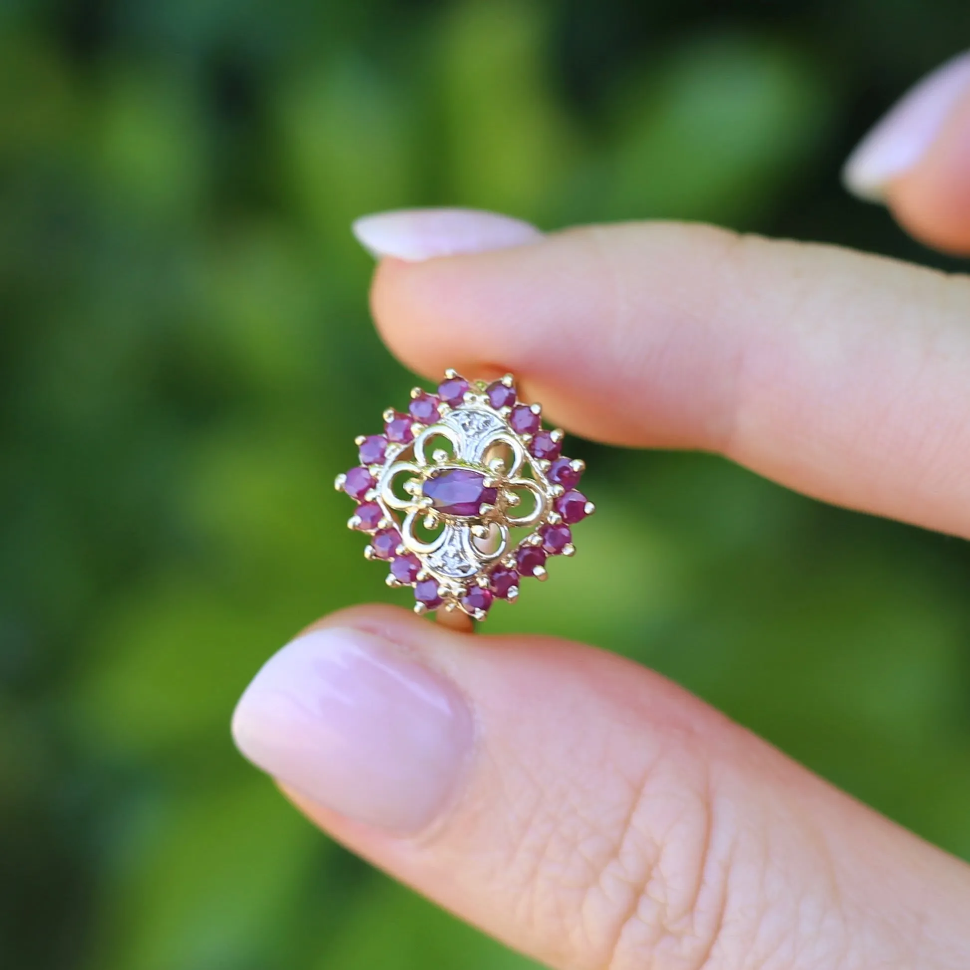 Ruby and Diamond Filigree 14ct Yellow Gold Ring, size M or just under 6.5