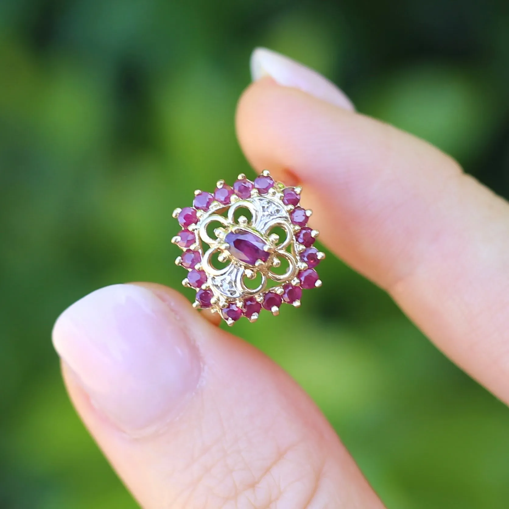 Ruby and Diamond Filigree 14ct Yellow Gold Ring, size M or just under 6.5