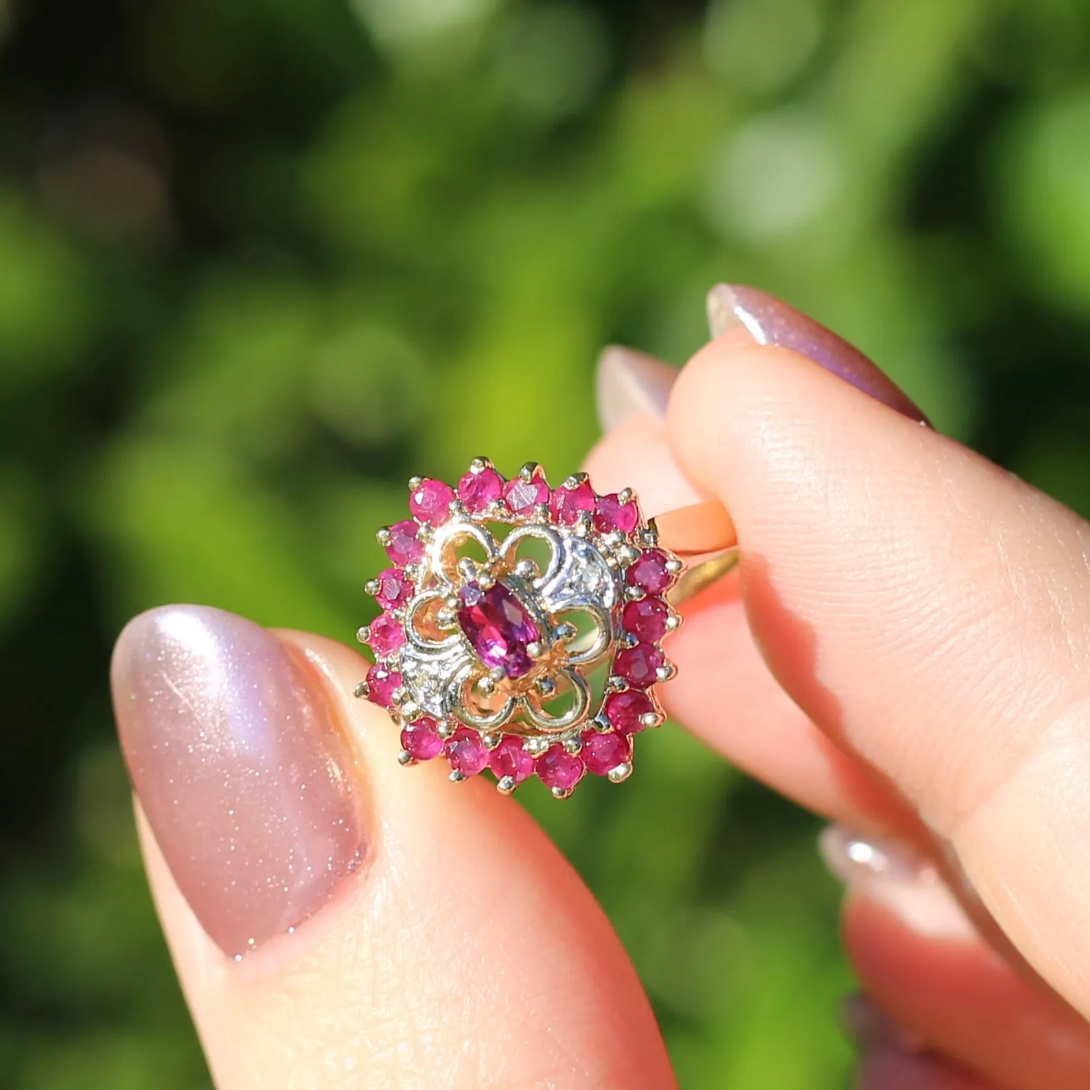 Ruby and Diamond Filigree 14ct Yellow Gold Ring, size M or just under 6.5