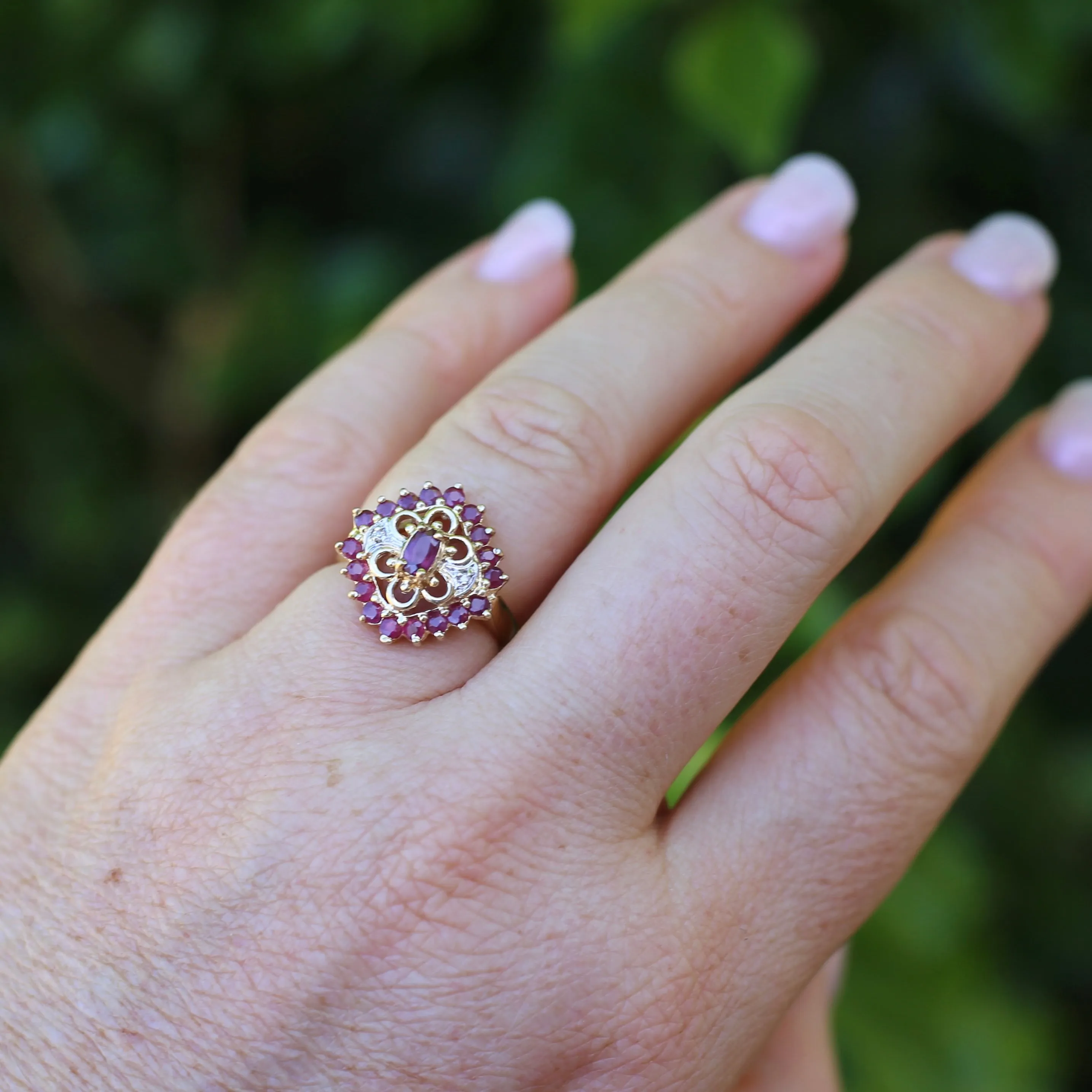 Ruby and Diamond Filigree 14ct Yellow Gold Ring, size M or just under 6.5