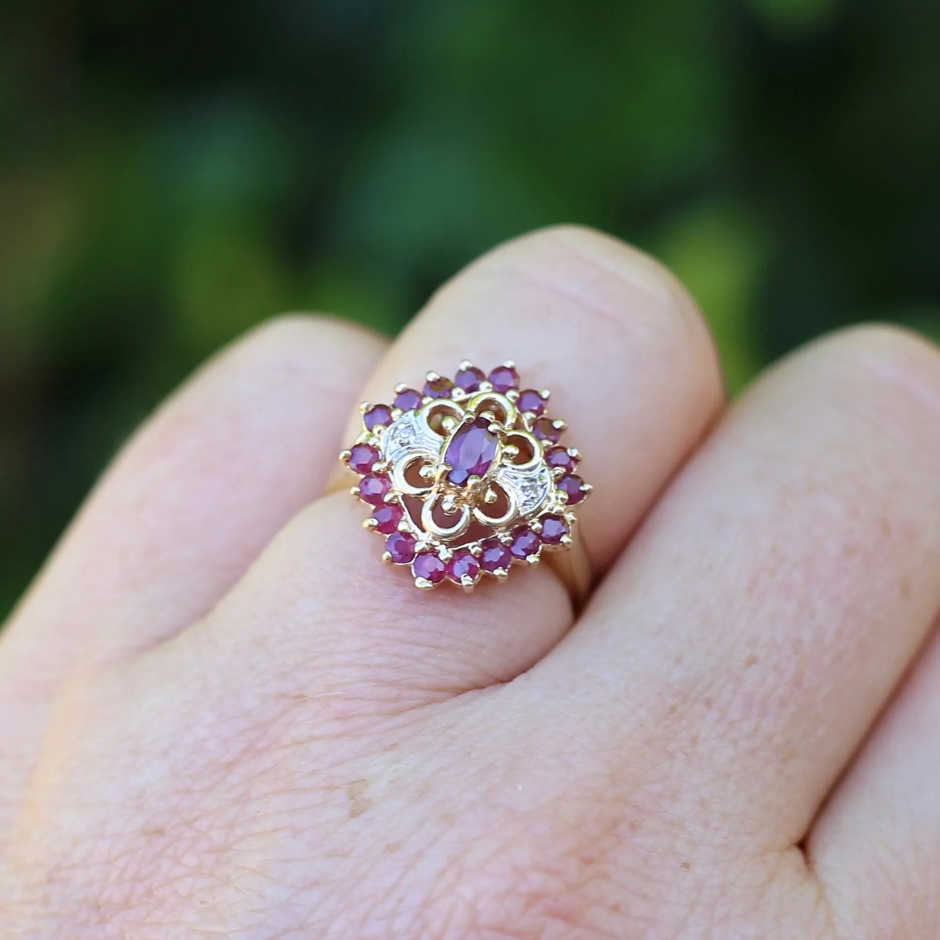 Ruby and Diamond Filigree 14ct Yellow Gold Ring, size M or just under 6.5