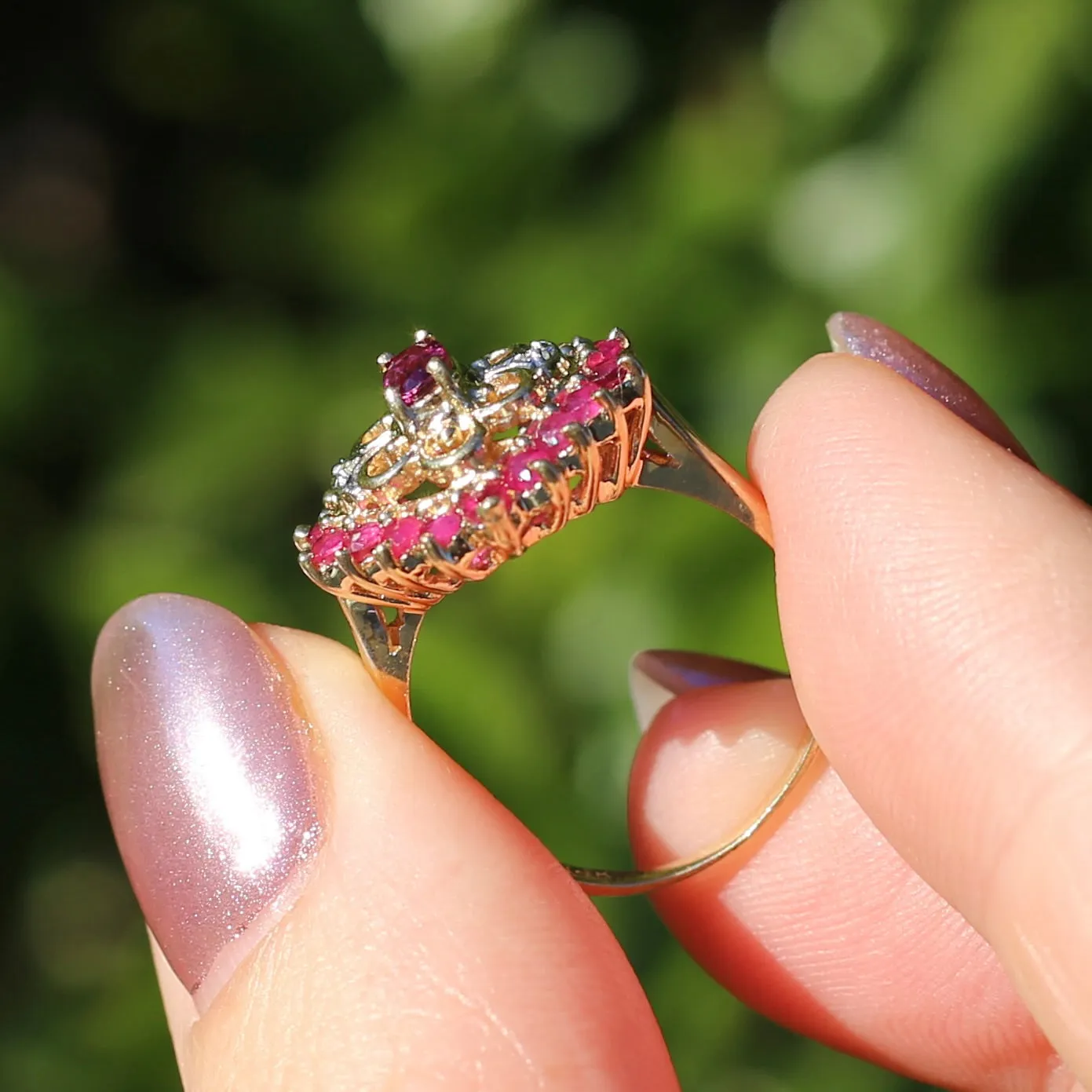 Ruby and Diamond Filigree 14ct Yellow Gold Ring, size M or just under 6.5