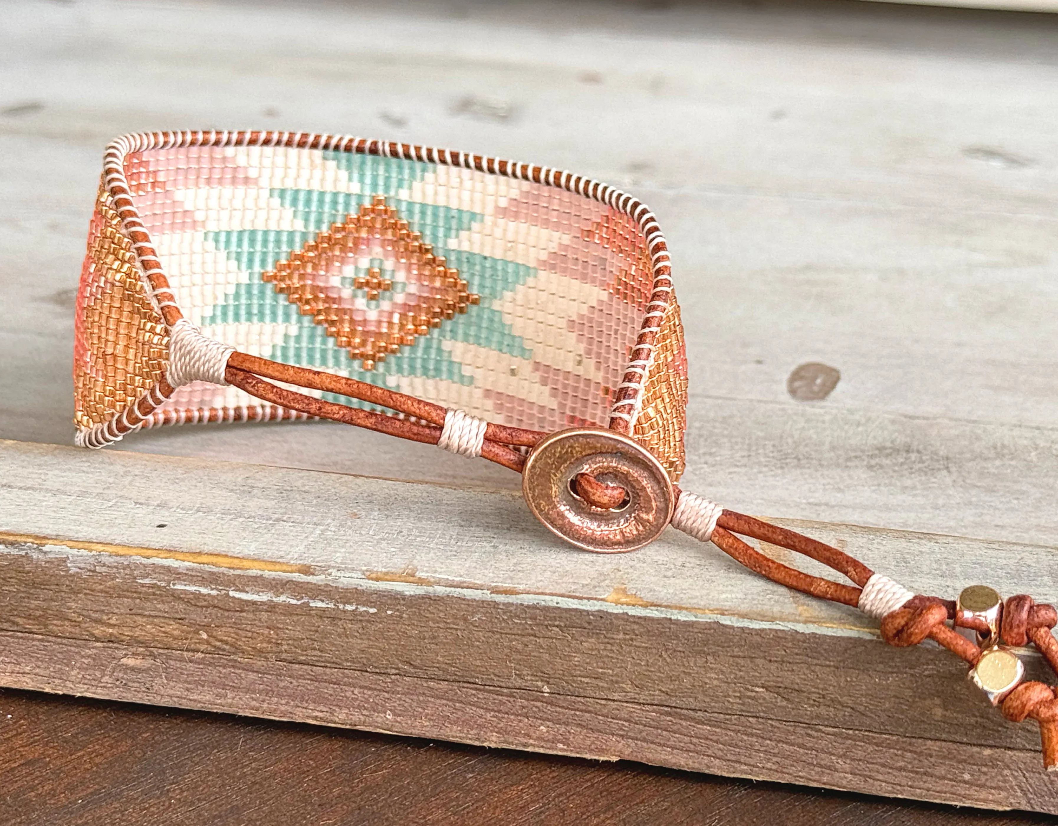 Sea Glass, Blush Rose, and Rose Gold Wide Western Cuff Starburst Beaded Loom Bracelet