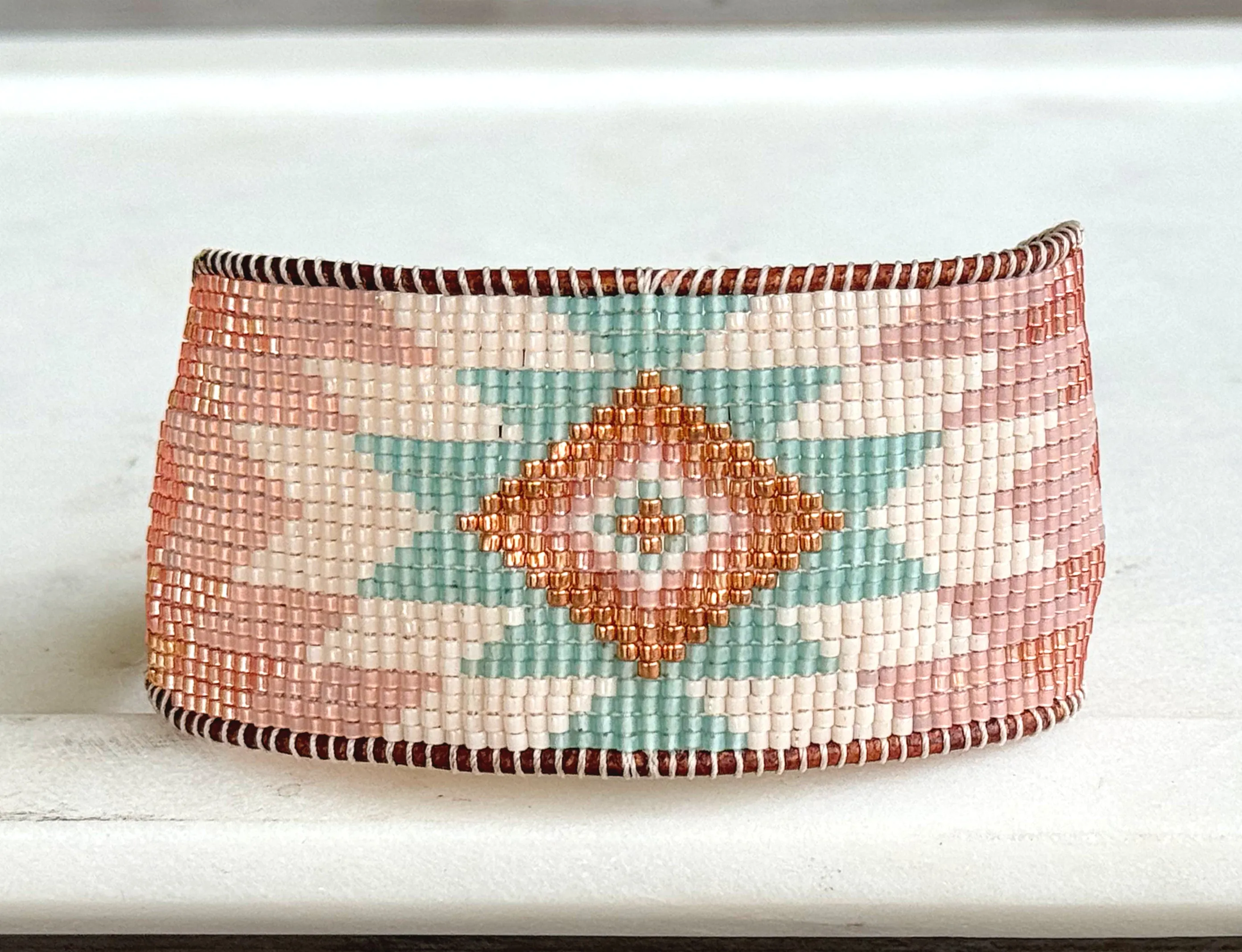 Sea Glass, Blush Rose, and Rose Gold Wide Western Cuff Starburst Beaded Loom Bracelet