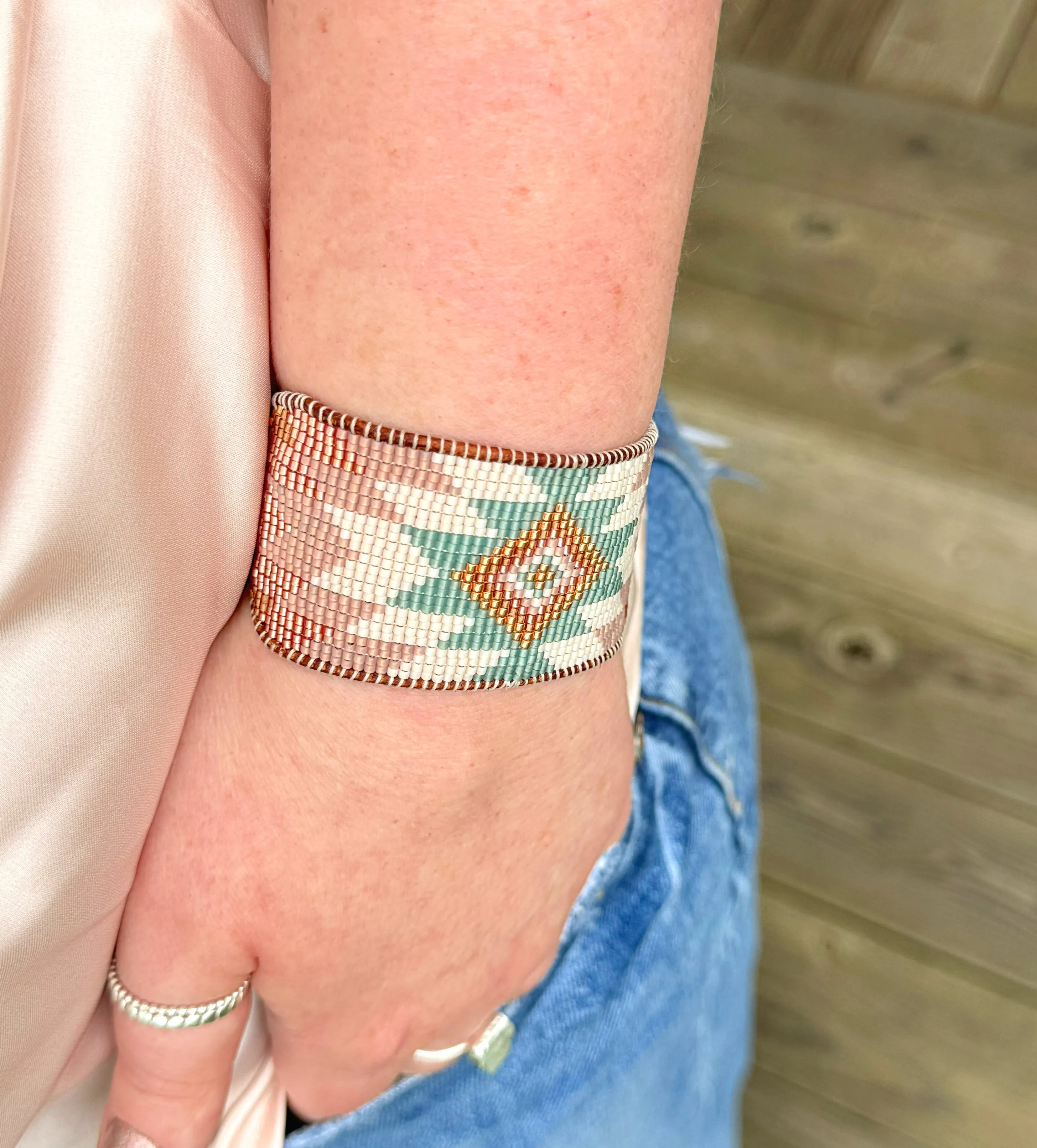 Sea Glass, Blush Rose, and Rose Gold Wide Western Cuff Starburst Beaded Loom Bracelet