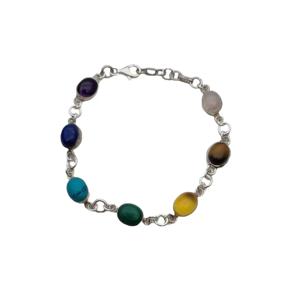 Silver chakra bracelet with natural stones for women, boho style.