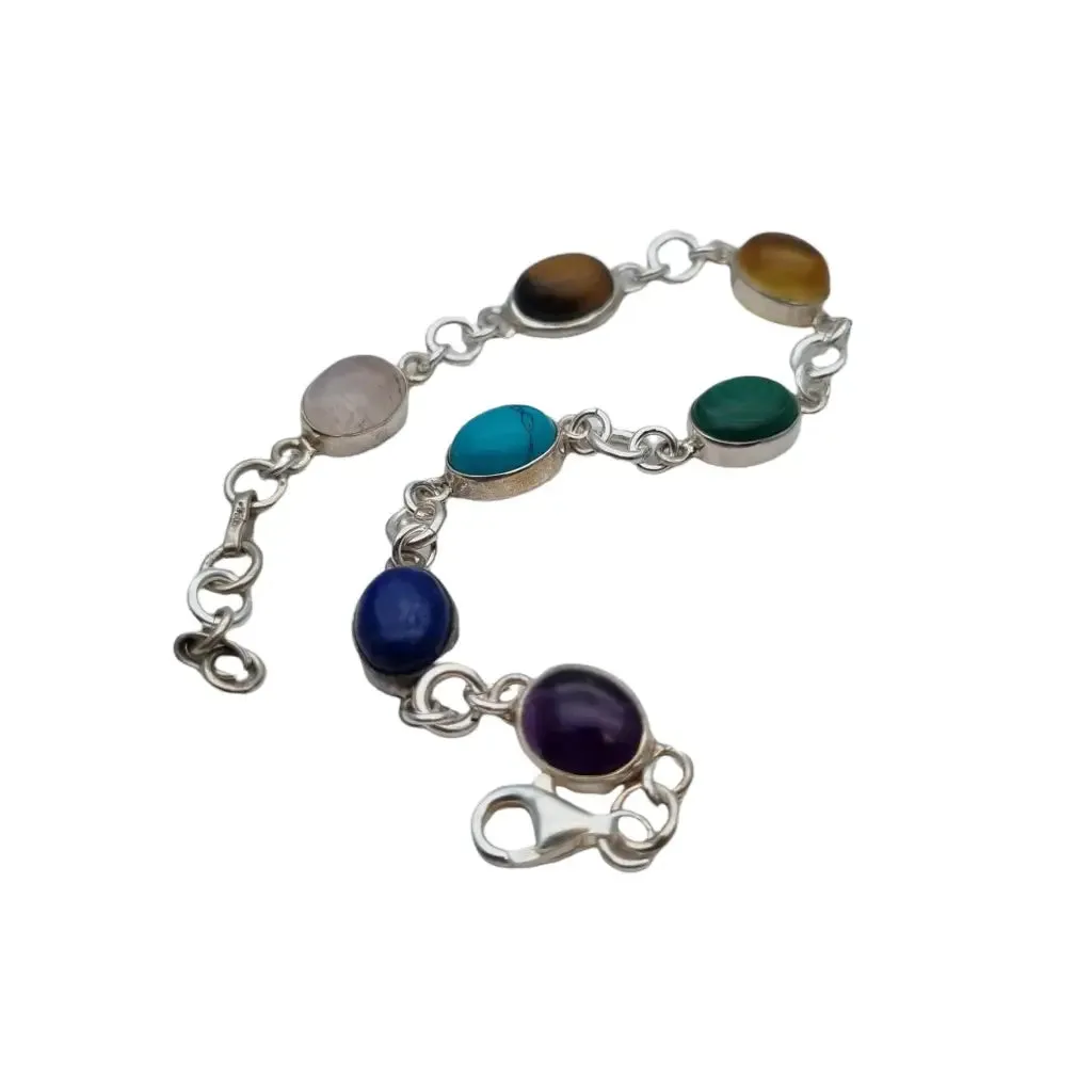 Silver chakra bracelet with natural stones for women, boho style.