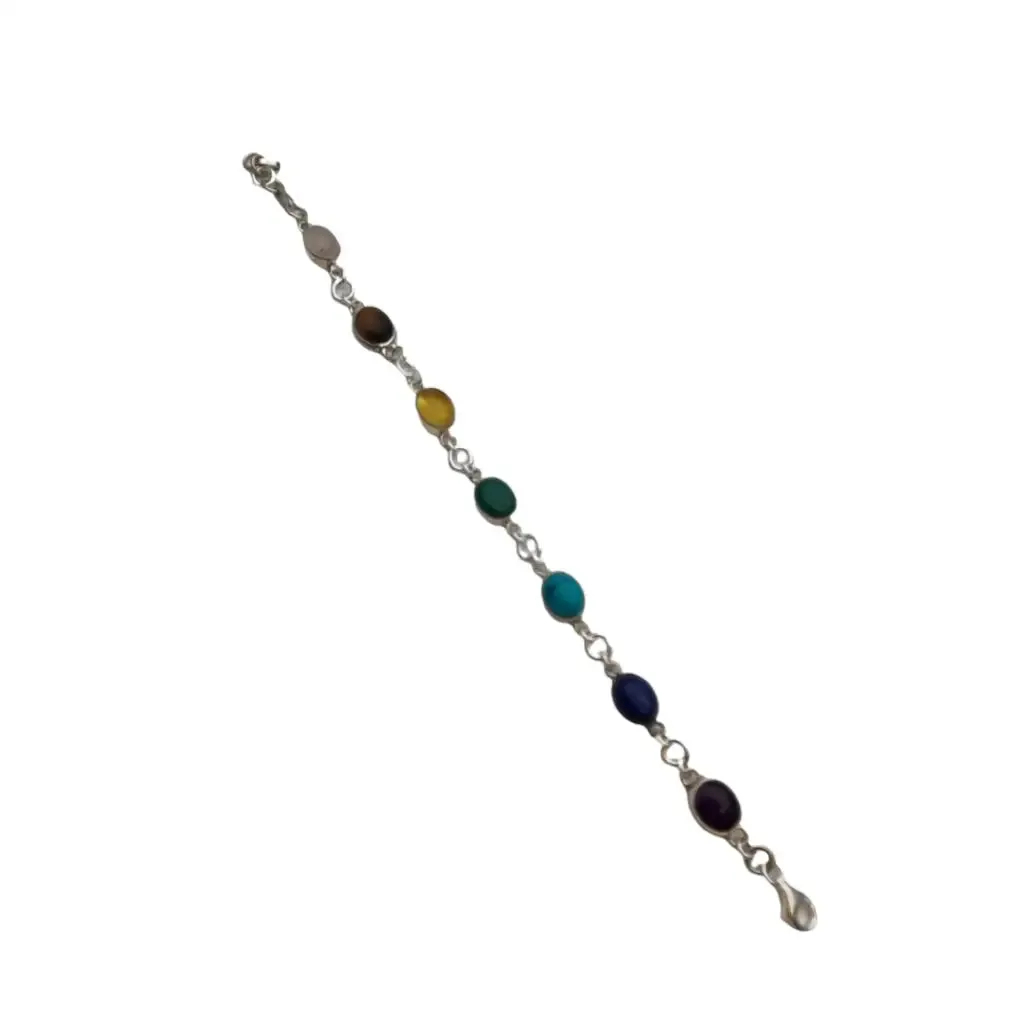 Silver chakra bracelet with natural stones for women, boho style.