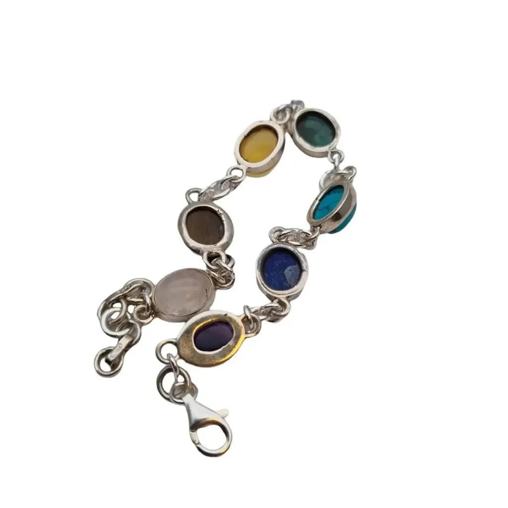 Silver chakra bracelet with natural stones for women, boho style.