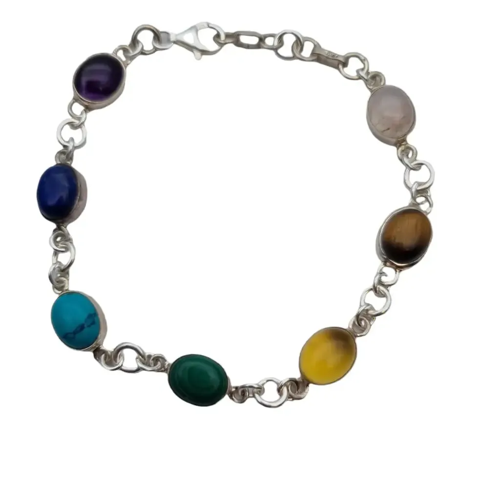 Silver chakra bracelet with natural stones for women, boho style.