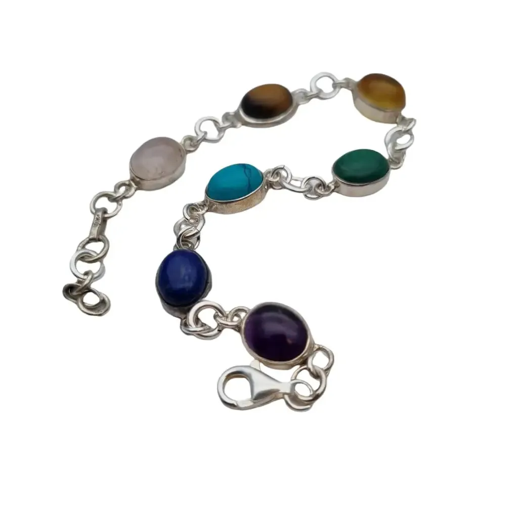 Silver chakra bracelet with natural stones for women, boho style.