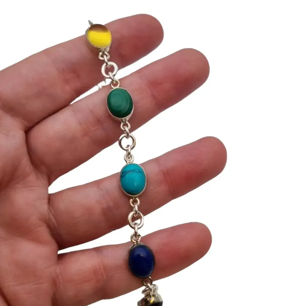 Silver chakra bracelet with natural stones for women, boho style.