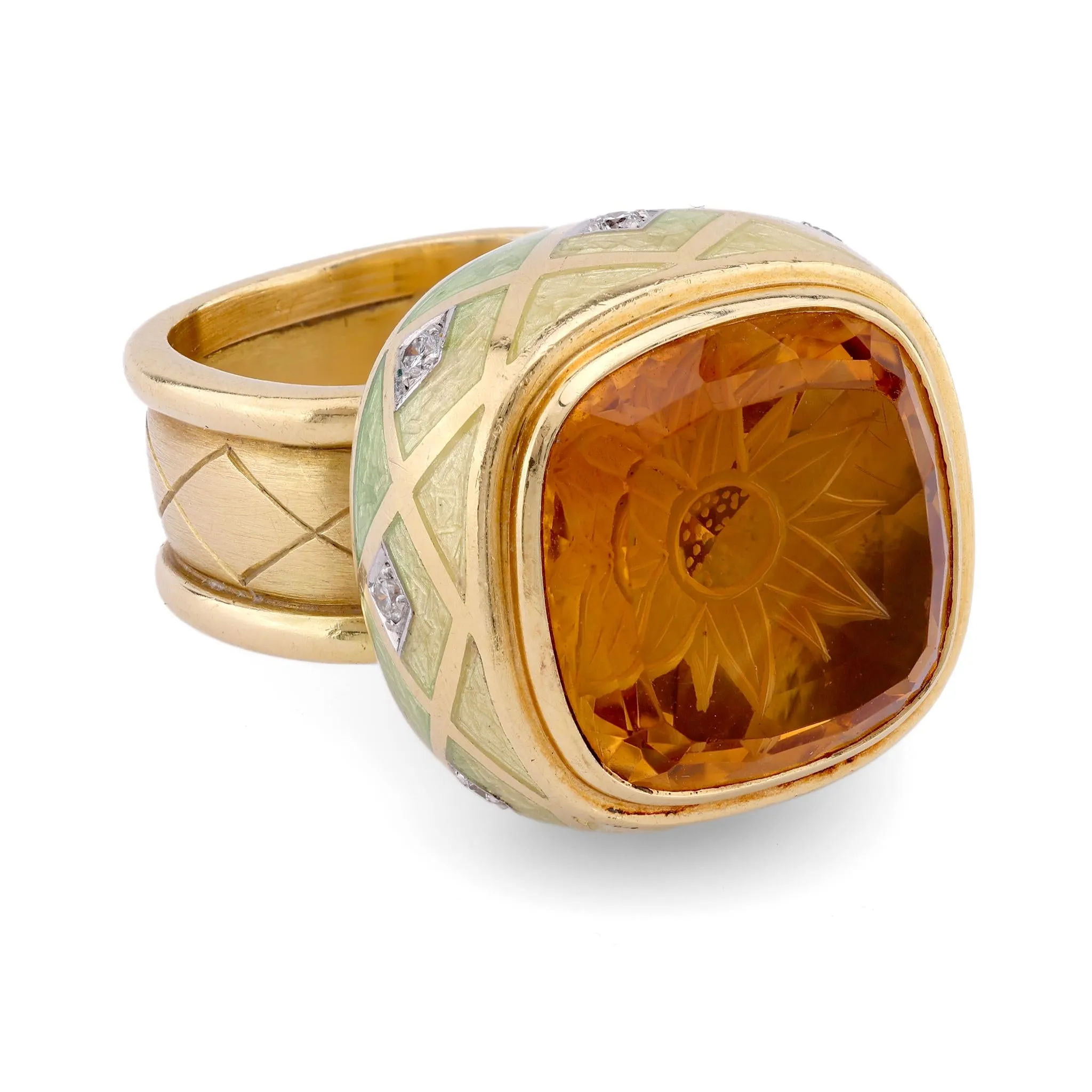 Stephen Webster Sunflower Intaglio Citrine Diamond 18K Yellow Gold Cocktail Ring